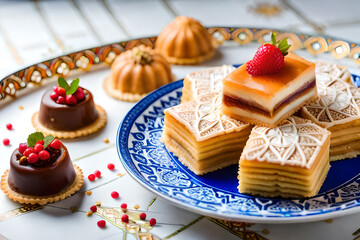 A close-up shot of traditional Eid al-adha sweets, including baklava, maamoul, and Turkish delight, arranged on a decorative platter with intricate patterns and vibrant colors