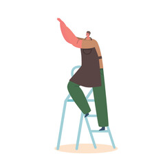Fototapeta premium Man Character In Apron Standing On Ladder, Working Diligently. He Is Focused And Appears To Be Doing A Skilled Job