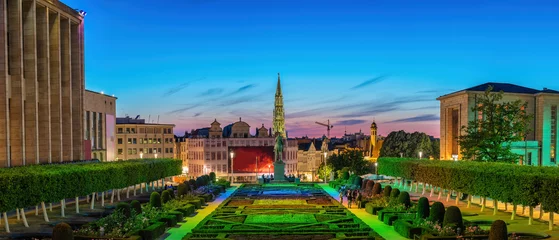 Gordijnen Brussels Belgium, night panorama city skyline at Mont des Arts Garden © Noppasinw