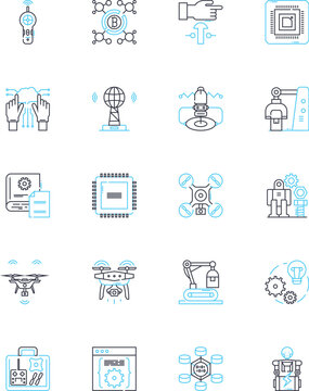 Artificial Intelligence linear icons set. Automation, Intelligence, Robotics, Algorithms, Machine learning, Neural nerks, Cognitive computing line vector and concept signs. Natural language processing
