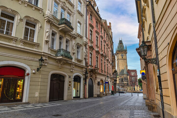 Fototapeta na wymiar Prague Czech Republic, city skyline of old street to Prague old town square, Czechia