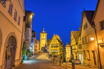 Rothenburg ob der Tauber Germany, night city skyline at Plonlein the Town on Romantic Road of Germany