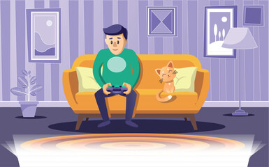 Illustration of a boy at home playing games