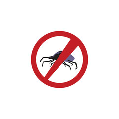 Red circle prohibition sign over tick or mite, flat vector illustration isolated on white background.
