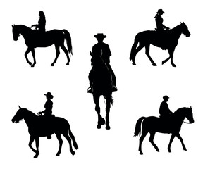 Set of five silhouettes of horse riders