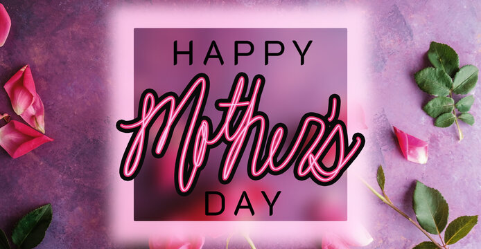 Happy mothers day background with greeting for holiday card in purple and pink glowing color.