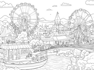 Amusement park with ferris wheel coloring book for kids easy drawing clean.