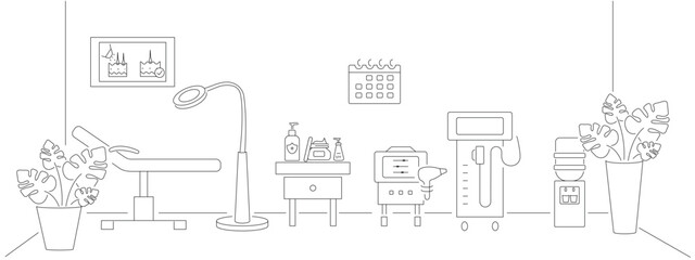 Fototapeta premium Laser therapy cabinet concept. Beauty salon room. Cosmetic salon or clinic. Beauty salon room interior with bed and other apparatus. Trendy line style. Salon background. Vector illustration