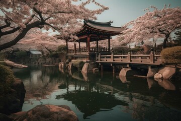 Cherry blossoms, shrines, and water in Japan. A serene beauty captured in this photograph. Generative AI