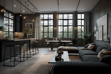 Fototapeta na wymiar Contemporary city apartment living area. Generative AI