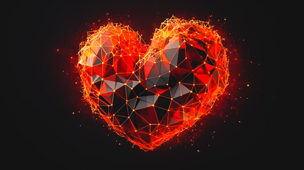 Abstract geometric glowing heart on a dark background, generative AI.