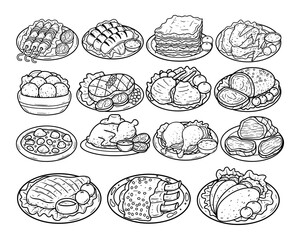 Set of meat dishes hand drawn outline sketch illustration