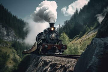 Fototapeta na wymiar Vintage locomotive chugging through scenic mountains. Generative AI