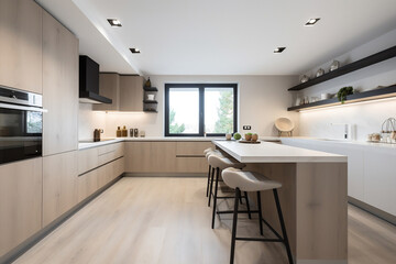 View of wooden clean kitchen design interior