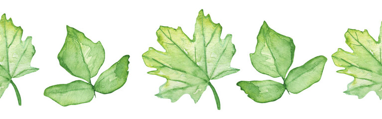 Watercolor frame - illustration with green leaves and branches and golden elements, for wedding stationery, congratulations, wallpapers and more on white bacground.