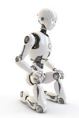 Fototapeta premium White robot kneeling isolated on a white background Generative AI