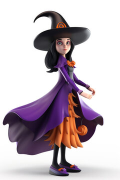 Young woman witch dressed in purple and orange cartoon character  isolated on a white background Generative AI
