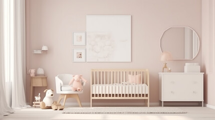 modern minimalist nursery room style. Baby room interior in light colours, generative AI