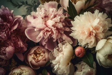 Elegant vintage-style floral design in soft pastel with peonies in pink & green. Generative AI