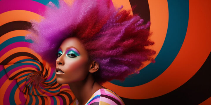 Afroamerikanische Frau in Designer Mode und poppiger bunter Haar Frisur, Gesicht Nahaufnahme im Portr&auml;t, ai generativ