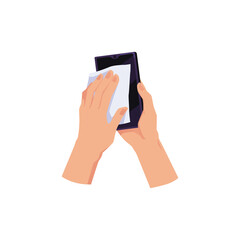 Hands wiping mobile phone flat style, vector illustration