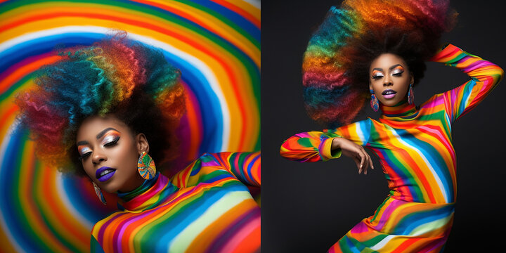 Afroamerikanische Frau in Designer Mode und poppiger bunter Haar Frisur, Gesicht Nahaufnahme im Portr&auml;t, ai generativ