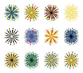 Hand Drawn Doodle Fireworks. Vintage Sunburst. Colorful Design Elements