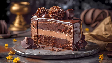 Freshly made delicious slice of chocolate cake with fudge topping.  