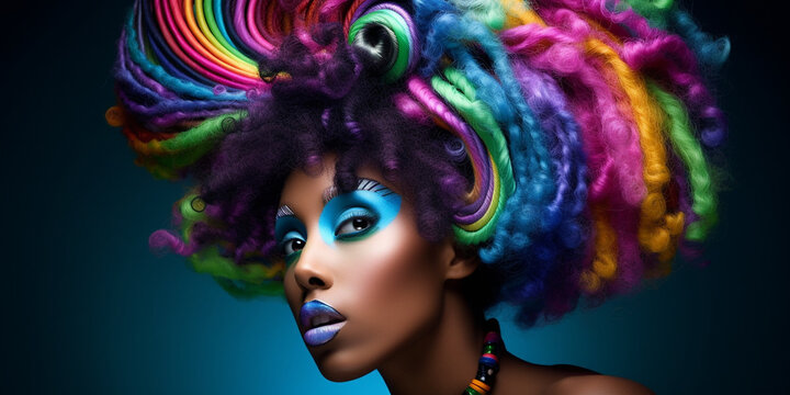 Afroamerikanische Frau in Designer Mode und poppiger bunter Haar Frisur, Gesicht Nahaufnahme im Portr&auml;t, ai generativ