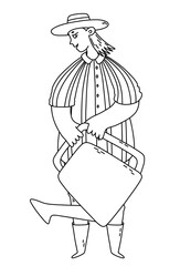 Young lady with watering can. Gardening hobby. Vector outline Illustration