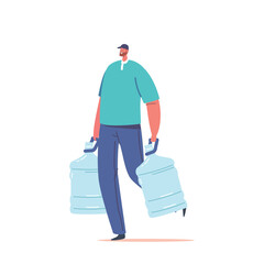 Water Delivery Service Man Company Employee Worker Male Character Wearing Uniform Carry Plastic Bottle