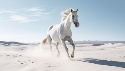 Obraz na płótnie Canvas Galloping White Horse on a Light Neutral Color Desert 