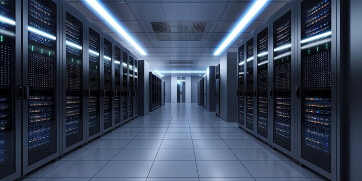 Data center server racks in computer network security server room by ai generative