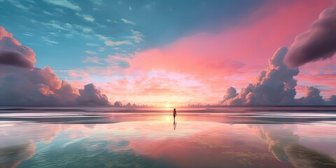 landscape morning on the beach by the sea sunrise pink clouds by ai generative