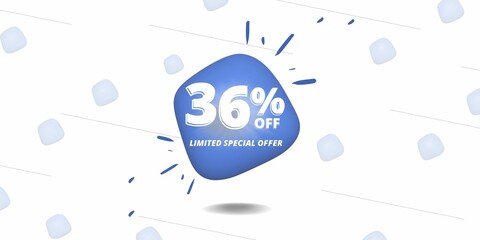 36% off limited special offer. Banner with thirty six percent discount on a  white background with blue bubble