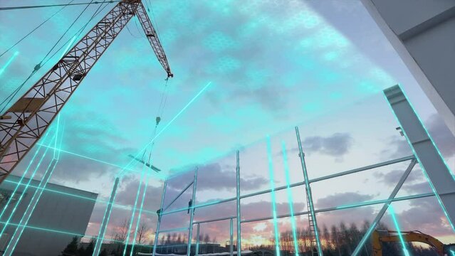 Construction site concept. Augmented reality at the construction site.Visualization of a future building on a construction site.