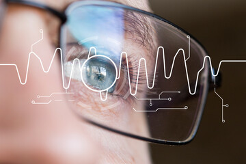 Eye monitoring and eye virtual scan. Biometric iris scan of male eye closeup.