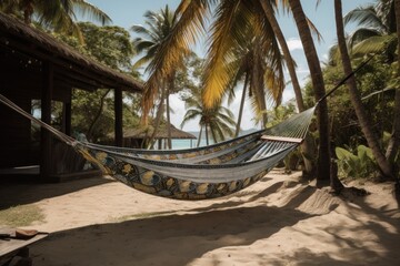 Fototapeta na wymiar Empty hammock in the shade of palm trees on tropical island. Relax vacation leisure lifestyle, hammock hanging calm sea. Paradise beach landscape, water villas, sunrise sky clouds amazing reflections.