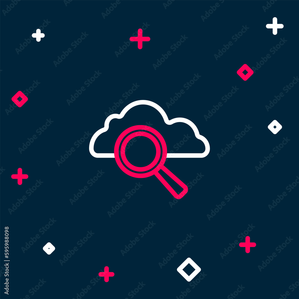 Poster line search cloud computing icon isolated on blue background. magnifying glass and cloud. colorful o