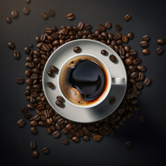 black coffee cup and beans-top view, AI generated