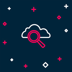 Line Search cloud computing icon isolated on blue background. Magnifying glass and cloud. Colorful outline concept. Vector