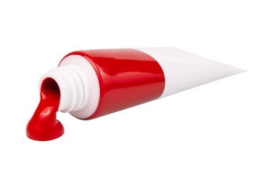 Acrylic red paint tubes with smears, isolated on a white background