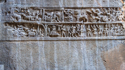 Mahabharata panel inside of the Kailasa temple, Ellora caves, Maharashtra, India, Asia