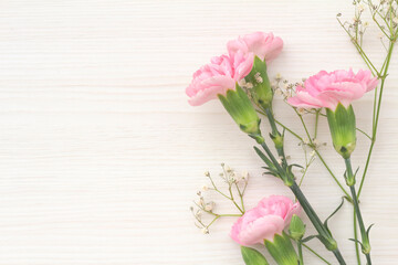 Decorative frame with pink carnations and white hazel on white wood background