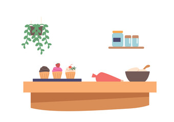 Desk With Bowl Of Whipped Cream, Baked Muffins Or Cupcakes On Tray. Homemade Pastry Production, Cartoon Illustration