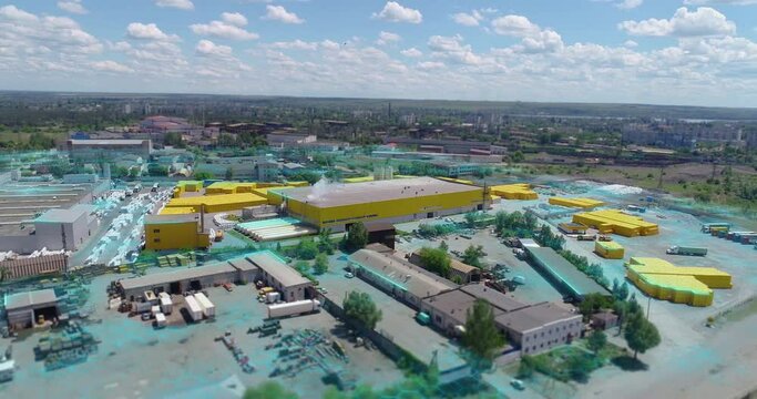 Drone shot of a modern futuristic factory. Modern factory aerial view. The concept of a modern factory. Factory concept visualization aerial view