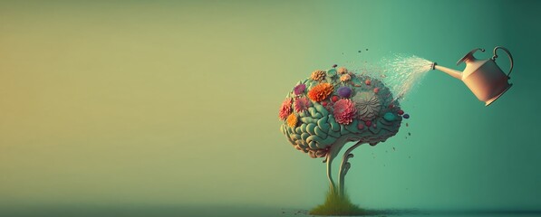 Human brain with flowers, tree, self care and mental health concept, positive thinking, creative mind, healthy slow life. Well Being, wellness mind banner template for landing page. Generative AI