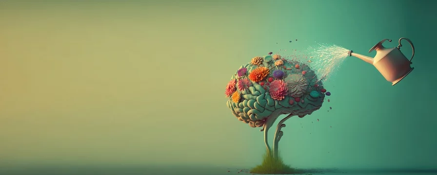 Human brain with flowers, tree, self care and mental health concept, positive thinking, creative mind, healthy slow life. Well Being, wellness mind banner template for landing page. Generative AI
