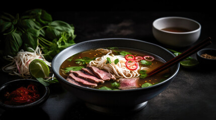 Asian style noodle soup with beef and chopsticks on dark background
