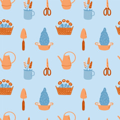 Garden vector seamless pattern with watering can, shovel, plants, scissors. Illustration for textile, paper.